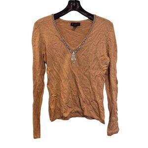 INC International Concepts Womens Medium Tan Beaded V-Neck Sweater Long Sleeves